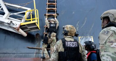 U.S. Coast Guard troops scaling ladder