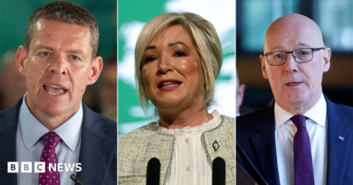 The image is made up of three photographs. The left-hand photo shows Rhun ap Iorwerth. The centre image shows Michelle O'Neill. The right-hand image is of John Swinney. All three are speaking from a podium.