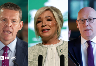 The image is made up of three photographs. The left-hand photo shows Rhun ap Iorwerth. The centre image shows Michelle O'Neill. The right-hand image is of John Swinney. All three are speaking from a podium.