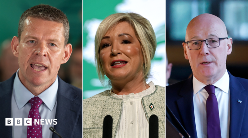 The image is made up of three photographs. The left-hand photo shows Rhun ap Iorwerth. The centre image shows Michelle O'Neill. The right-hand image is of John Swinney. All three are speaking from a podium.