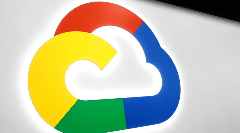 The Google Cloud logo is illuminated on a large-scale Gobo-projection and back-lit OLED signage at the entrance of the Google Cloud Zone in Hall 2 during the Mobile World Congress in Barcelona, Spain.