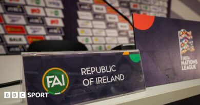 Republic of Ireland signage at the top table of the news conference