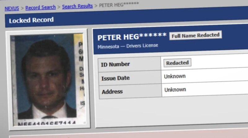 a photo of the driver's license of Pete Hegseth, the DOD secretary, whose photo can be seen here on this identity theft website called Nexus on the dark web