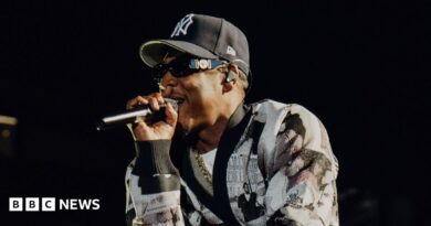 Jay-Z raps into a microphone while performing on stage. He wears a black and white cardigan and a New York Yankees hat.