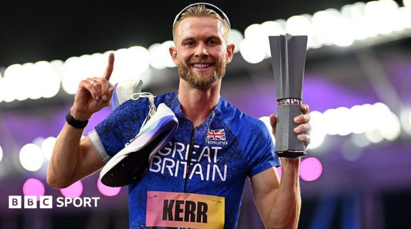 Josh Kerr celebrates while holding the 1500m trophy after winning the inaugural World Athletics Ultimate Champion event in Budapest, Hungary