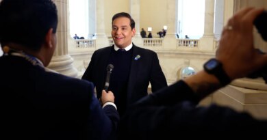 Rep. George Santos (R-NY) is interviewed by television news reporters in the rotunda of the Cannon House Office Building