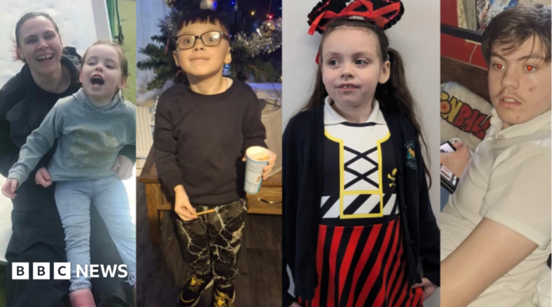 Four close-ups: (l-r) A woman holds her daughter in her arms, both are laughing laughing, a young boy in front of a Christmas tree, a girl in fancy dress, an older boy wearing a white shirt.