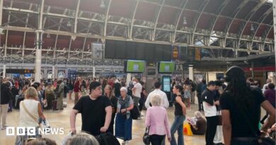 Crowds fill the concourse of London Paddington station with the departure boards blank showing no services.