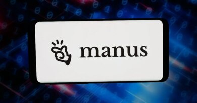 In this photo illustration, the logo of artificial intelligence (AI) agent Manus is displayed on a smartphone in front of abstract background on computer screen.