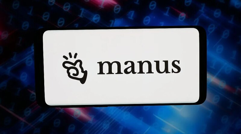In this photo illustration, the logo of artificial intelligence (AI) agent Manus is displayed on a smartphone in front of abstract background on computer screen.