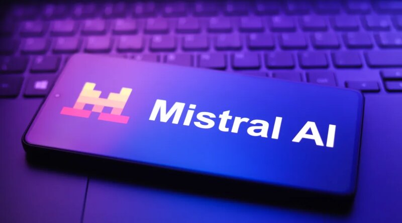 The Mistral AI logo appears on a smartphone screen in this photo illustration