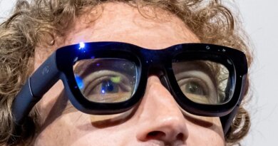 Mark Zuckerberg, chief executive officer of Meta Platforms Inc., wears Orion augmented reality (AR) glasses during the Meta Connect event in Menlo Park, California, US, on Wednesday, Sept. 25, 2024. Meta Platforms Inc. debuted its first pair of augmented reality glasses, devices that show a combined view of the digital and physical worlds, a key step in Chief Executive Officer Mark Zuckerberg's goal of one day offering a hands-free alternative to the smartphone. Photographer: David Paul Morris/Bloomberg via Getty Images
