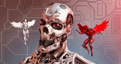 Chrome robot with good and bad winged alternatives hovering and whispering in his ear