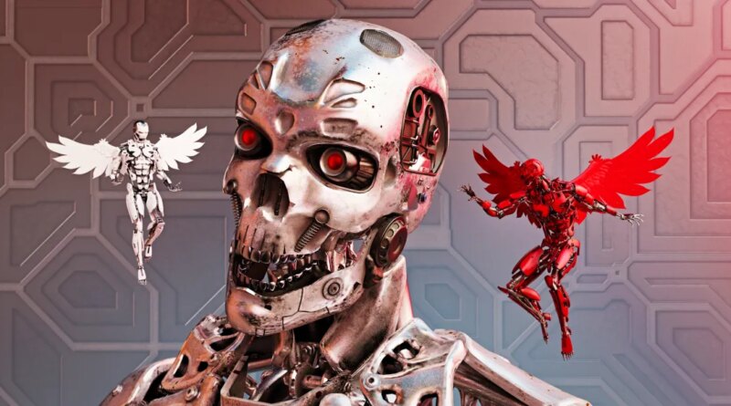 Chrome robot with good and bad winged alternatives hovering and whispering in his ear