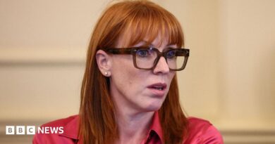 A woman with short reddish hair with a neutral expression faces the camera while sitting a room with black and brown wallpaper.