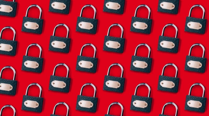 a pattern of locks on a red background