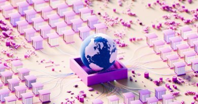Illuminated data center concept featuring glowing globe in purple enclosure with extensive server grid and interconnected wiring symbolizing digital expansion