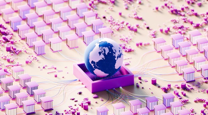 Illuminated data center concept featuring glowing globe in purple enclosure with extensive server grid and interconnected wiring symbolizing digital expansion