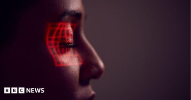 Facial Recognition Technology Concept As Woman Has Red Grid Projected Onto Eye In Studio