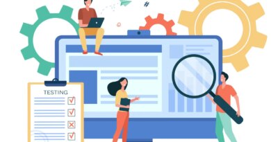 Illustration representing a group of people conducting software QA testing. Shows gears in the background. Several small people with a magnifying glass and a checklist checking a large software interface.
