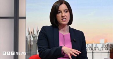 Bridget wears a navy blazer over a purple top sitting and talking in front of the illustrated Sunday with Laura Kuenssberg set.