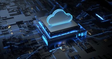 Cloud on top of a three dimensional chip sitting on a motherboard.