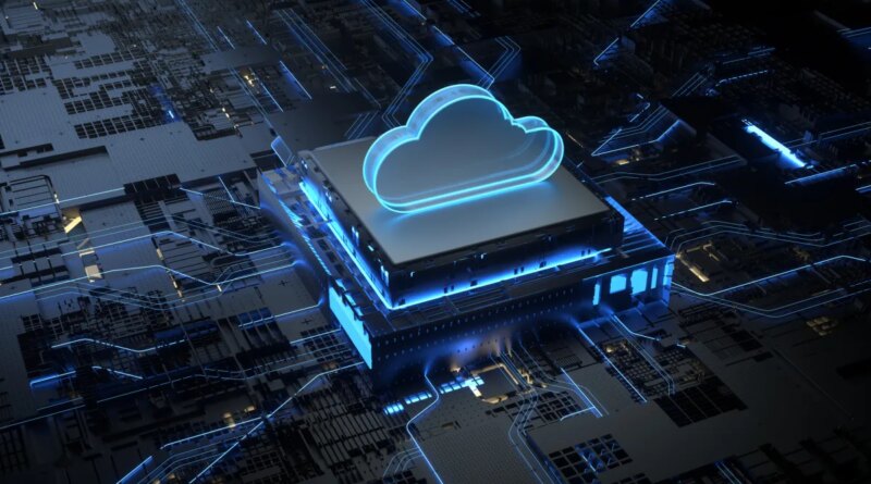 Cloud on top of a three dimensional chip sitting on a motherboard.
