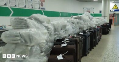 Large bags of cannabis next to a row of suitcases in an airport