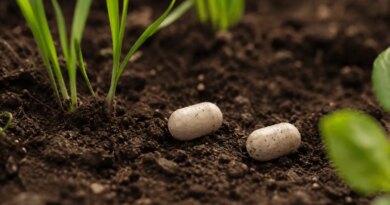 Two pill-shaped objects sit on some soil.