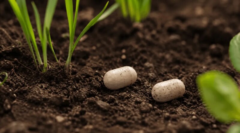 Two pill-shaped objects sit on some soil.