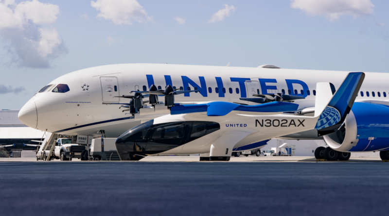 Archer Aviation evtol with United Airlines plane.