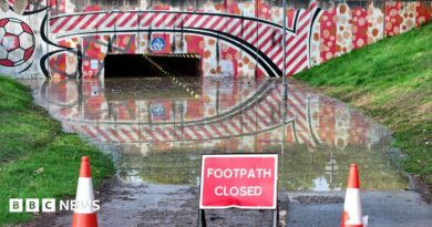 A flooded footpath leading to an underpath with warning cones and a "footpath closed" sign