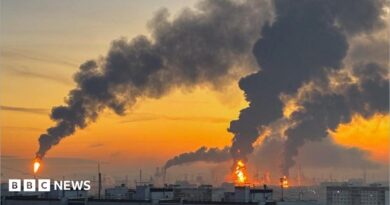 Plumes of smoke rise from fires at an oil refinery in Moscow after an overnight Ukrainian drone attack. Photo: 20 September 2026