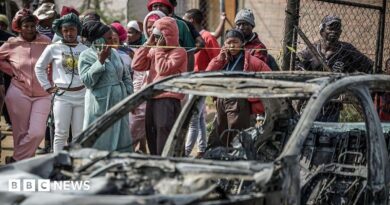 A crowd of people look on close to a burned out car