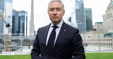 Champagne wears a suit and tie while he stands on a lawn in front of the Toronto city skyline of high-rise buildings.