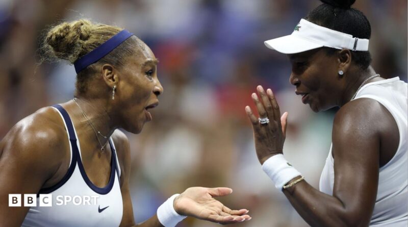 Serena and Venus Williams celebrate winning a point at the 2026 US Open