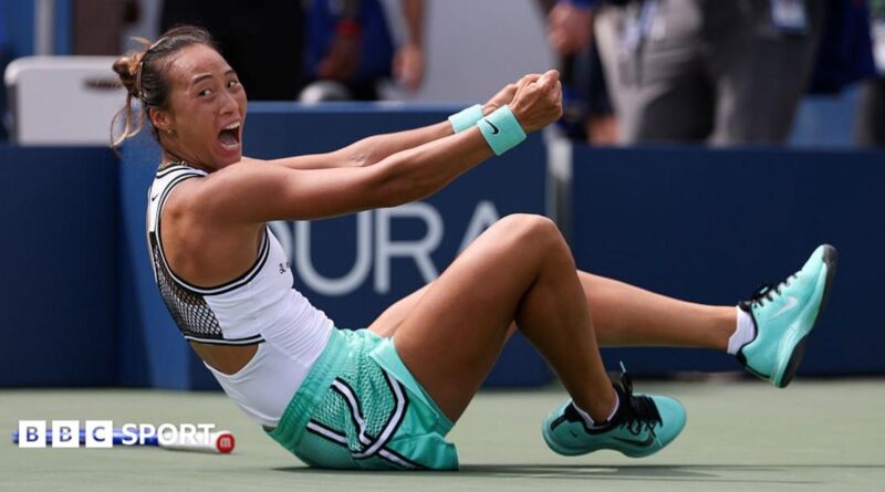 Qinwen Zheng falls to the ground in celebration after beating Madison Keys