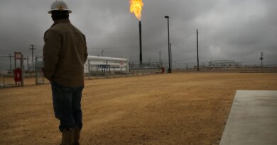 Flared natural gas is burned off at Apache Corporations operations at the Deadwood natural gas plant in the Permian Basin.