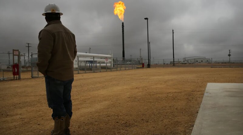 Flared natural gas is burned off at Apache Corporations operations at the Deadwood natural gas plant in the Permian Basin.
