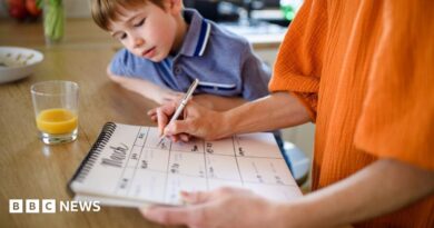 A woman holds a calendar and is writing things down, while a small child peers at the calendar