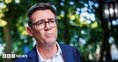 A medium close up of Andy Burnham wearing a blue suit and an open-collar white shirt with trees behind him in soft focus