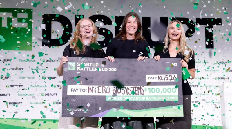 SAN FRANCISCO, CALIFORNIA - OCTOBER 15: (L-R) Madeline Eiken, CTO/COO & co-founder, Intero Biosystems, and Charlie Childs, CEO & co-founder, Intero Biosystems, accept the Startup Battlefield 2026 award from Isabelle Johannessen, Head of the Startup Battlefield Program, TechCrunch, during TechCrunch Disrupt 2026 at Moscone Center on October 15, 2026 in San Francisco, California. (Photo by Kimberly White/Getty Images for TechCrunch)