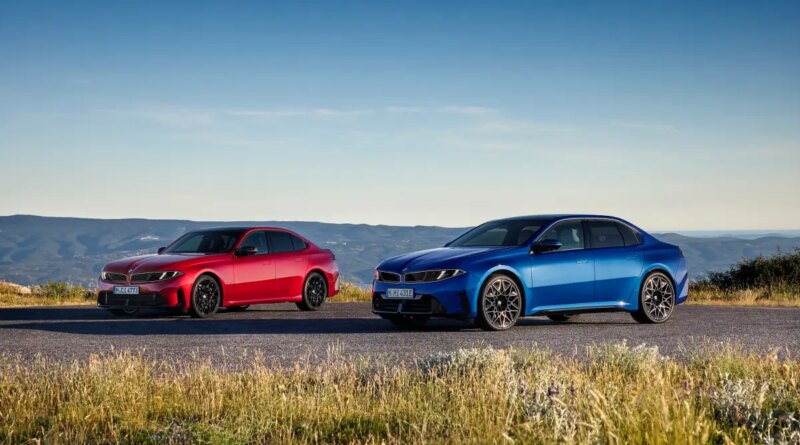 A blue and red car are parked next to each other.
