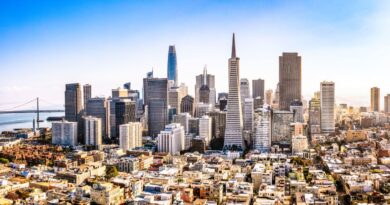 A high angle view of San Francisco's business district on a sunny day.