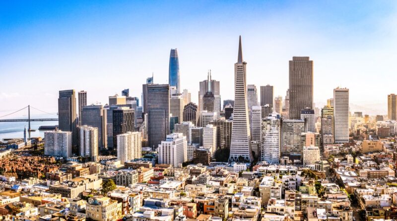 A high angle view of San Francisco's business district on a sunny day.