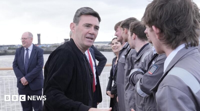 British Prime Minister Andy Burnham visits Alstom, on the day he unveils new technical educational routes aimed at tackling youth unemployment, on July 28, 2026 in Derby, England.