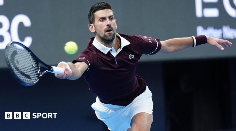 Novak Djokovic stretches to hit a forehand stroke during his quarter-final victory over Alexander Zverev