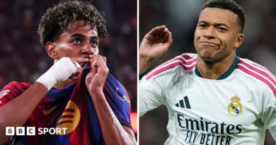 Split graphic: Barcelona's Lamine Yamal and Real Madrid's Kylian Mbappe