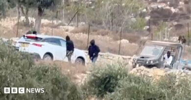 Vehicles at the site where Belgium's foreign minister says masked settlers in the Israeli-occupied West Bank attacked Palestinians, Catholic representatives and Western diplomats and officials.