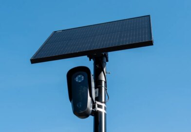 Flock license plate reader and camera with solar panel against a blue sky, Pleasant Hill, California, April 16, 2026.